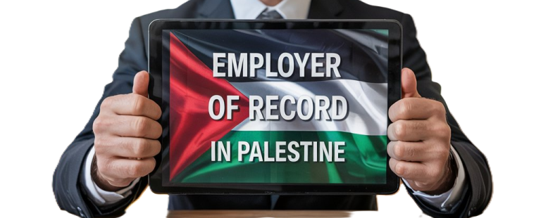 Businessman holding tablet displaying Employer of Record Palestine service insights and performance charts