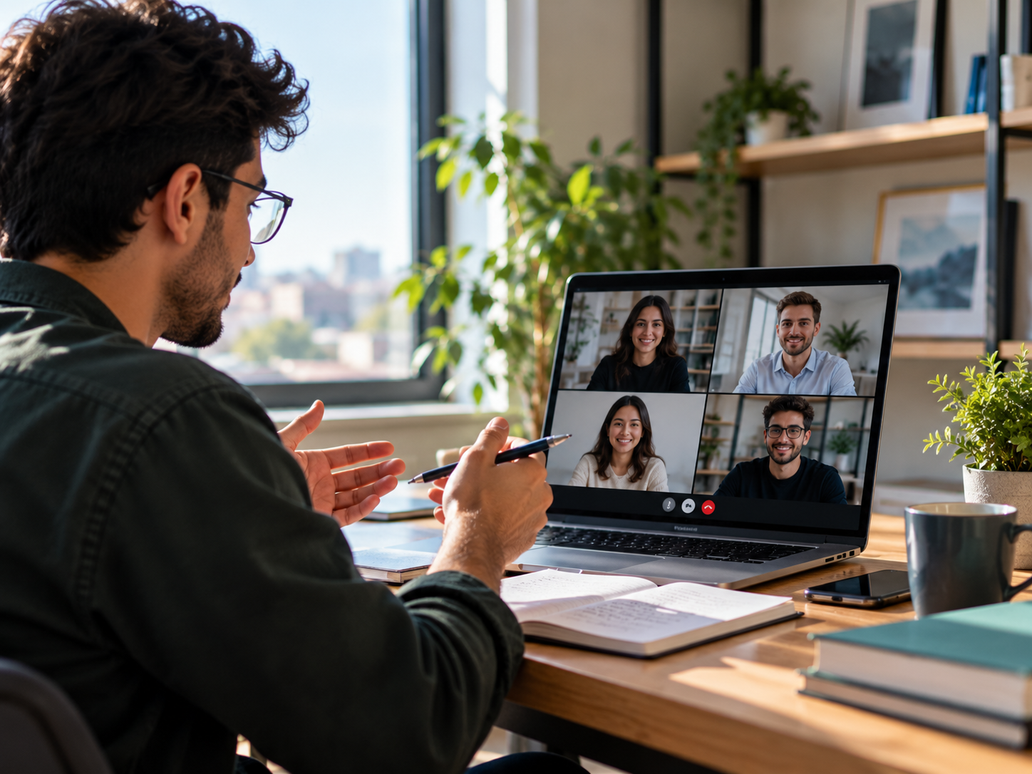 Young professional collaborating with an international team on a video call