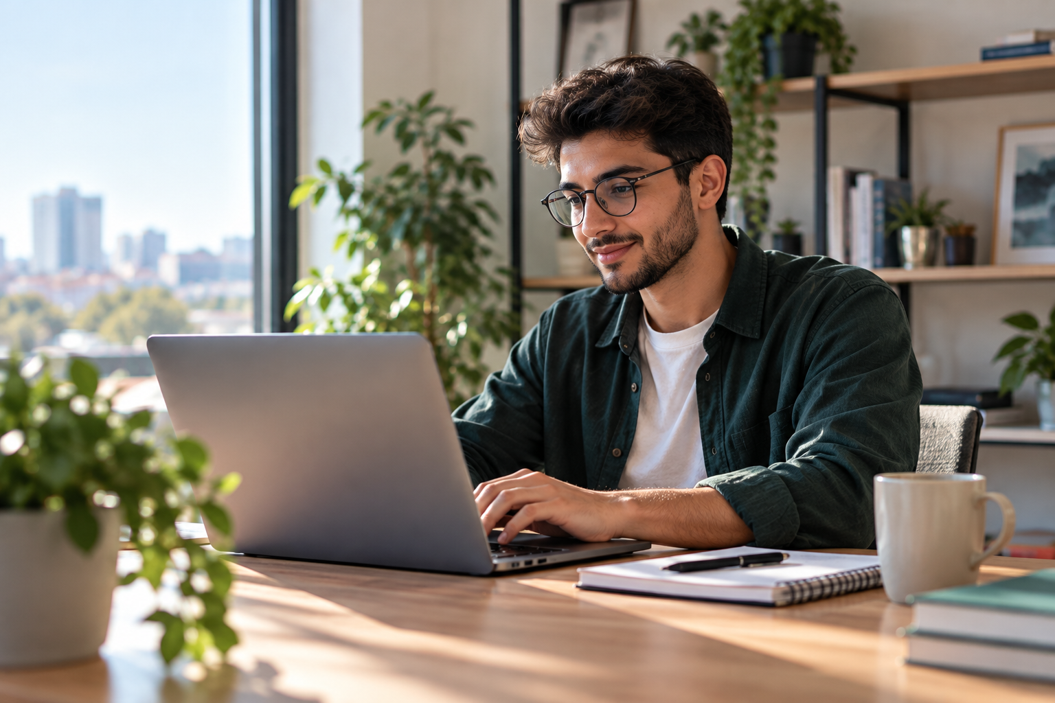 Young professional working remotely on a laptop